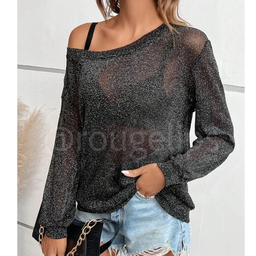 Black Lurex Sheer Black Long Sleeve Asymmetrical Neck - Picture 1 of 9